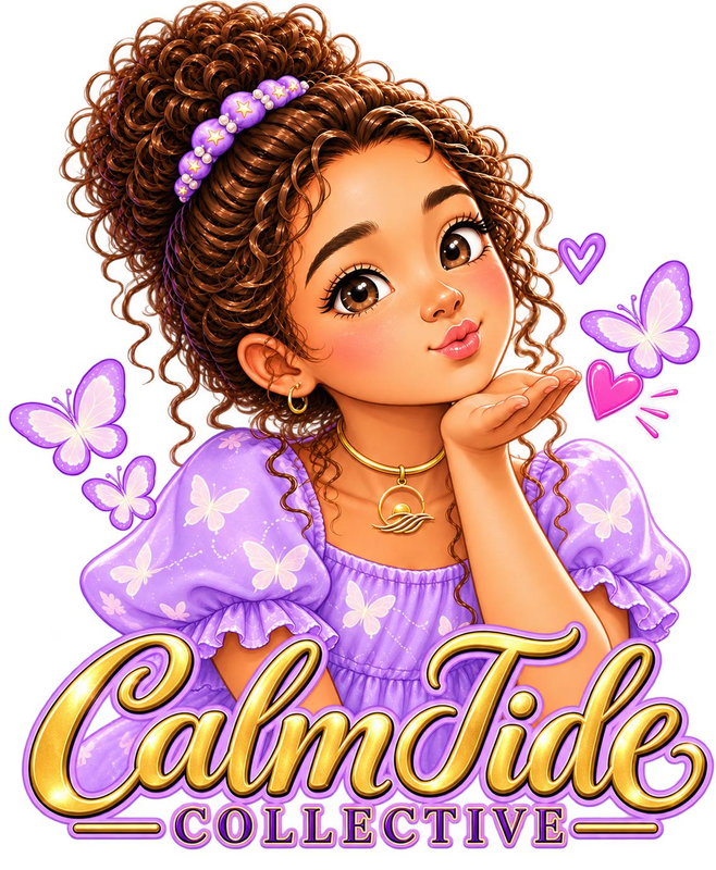 Luna blows a kiss with butterflies and the gold Calm Tide Collective wordmark.