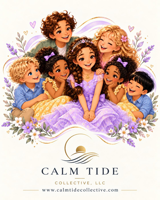 Luna with a diverse group of smiling friends, surrounded by lavender flowers and the Calm Tide logo.