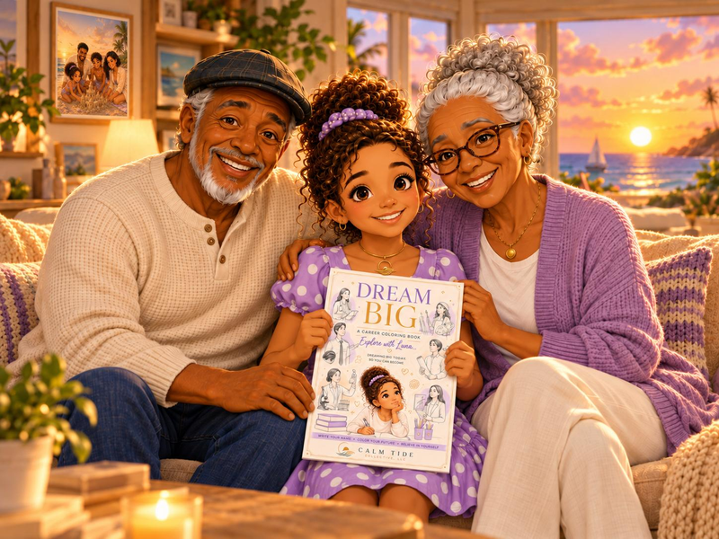 Luna sits between grandfather Wady and grandmother Daniele, holding Dream Big at sunset.