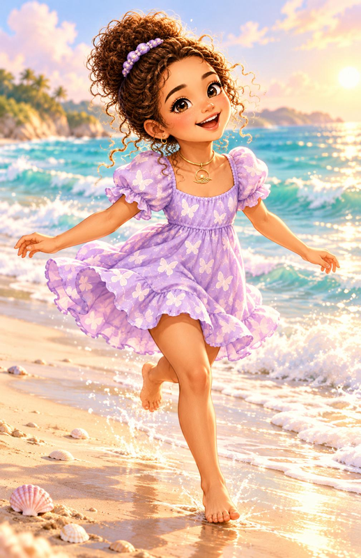 Luna runs beside the ocean in her lavender butterfly dress.